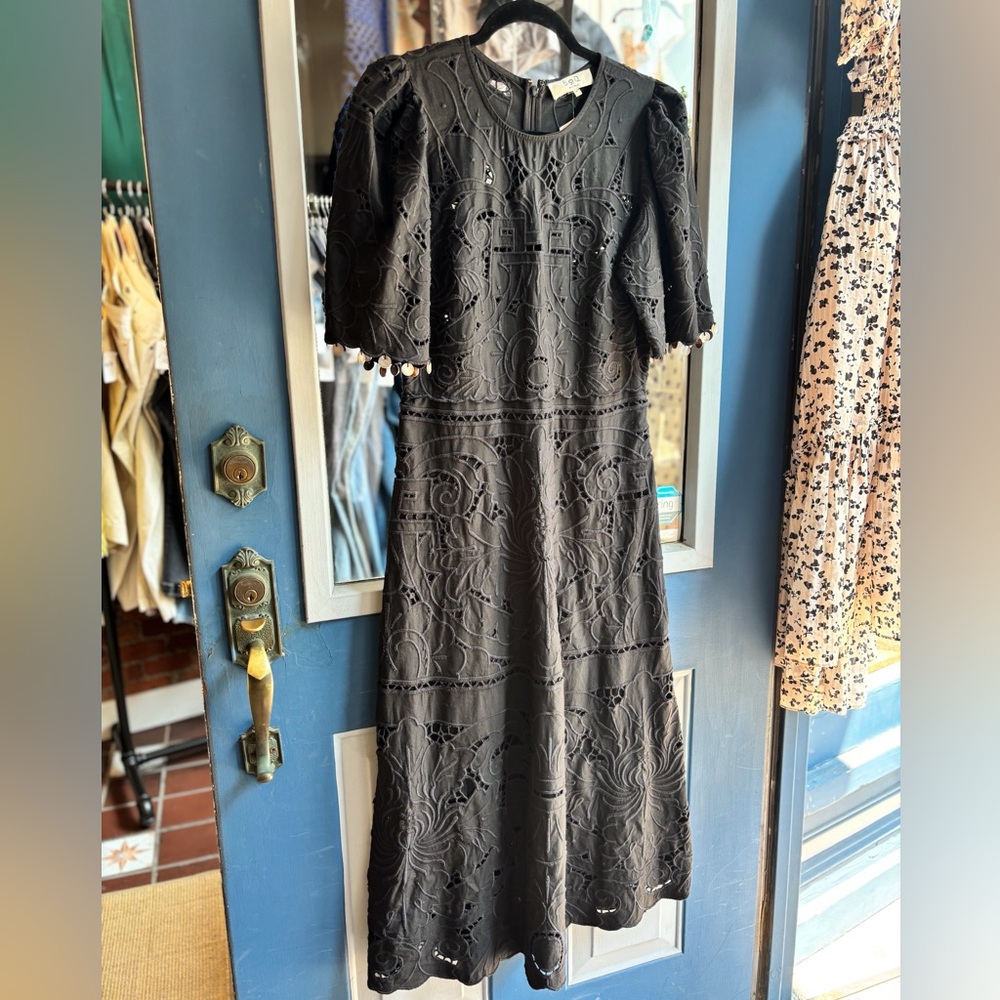 Sea New York Black Cotton Eyelet Shell Trim Midi Dress